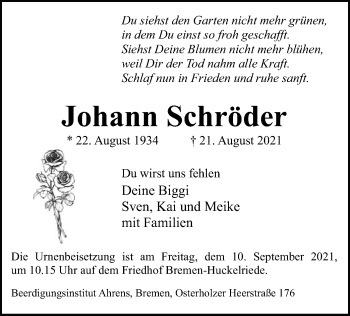 Todesanzeige von Johann Schröder von SYK