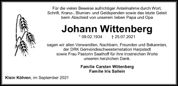 Todesanzeige von Johann Wittenberg von SYK