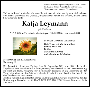 Todesanzeige von Katja Leymann von SYK