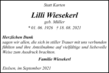 Todesanzeige von Lilli Wiesekerl von SYK