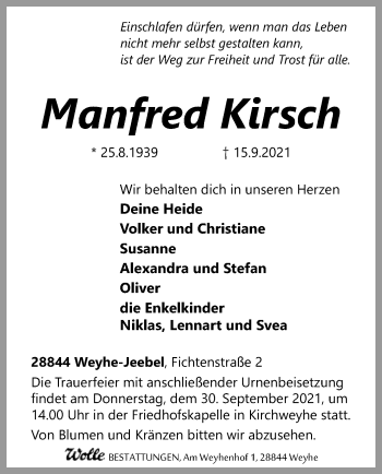 Todesanzeige von Manfred Kirsch von SYK