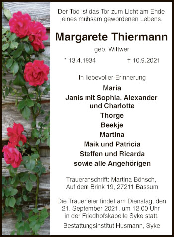 Todesanzeige von Margarete Thiermann von SYK