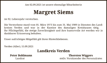 Todesanzeige von Margret Siems von SYK