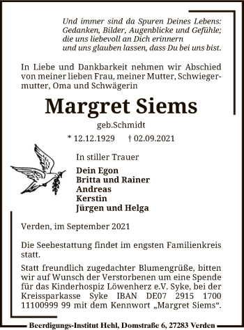 Todesanzeige von Margret Siems von SYK