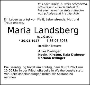 Todesanzeige von Maria Landsberg von SYK
