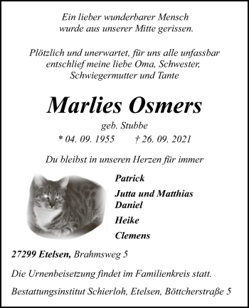 Todesanzeige von Marlies Osmers von SYK