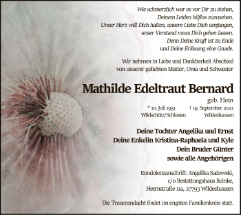 Todesanzeige von Mathilde Edeltraut Bernard von SYK