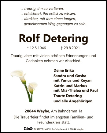 Todesanzeige von Rolf Detering von SYK