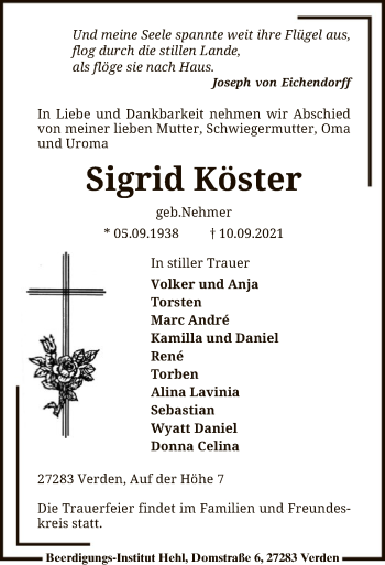 Todesanzeige von Sigrid Köster von SYK