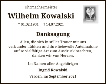 Todesanzeige von Wilhelm Kowalsk von SYK