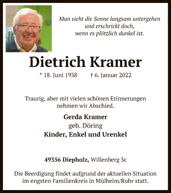 Todesanzeige von Dietrich Kramer von SYK