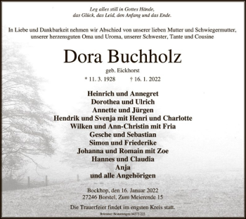 Todesanzeige von Dora Buchholz von SYK
