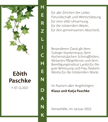 Todesanzeige von Edith Paschke von SYK