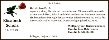 Todesanzeige von Elisabeth Scholz von SYK
