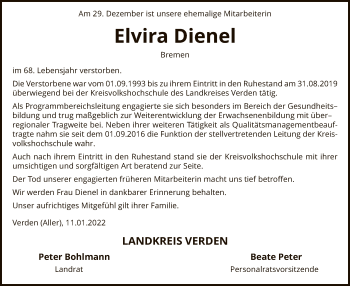 Todesanzeige von Elvira Dienel von SYK
