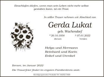 Todesanzeige von Gerda Lukat von SYK