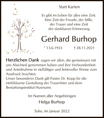 Todesanzeige von Gerhard Burhop von SYK