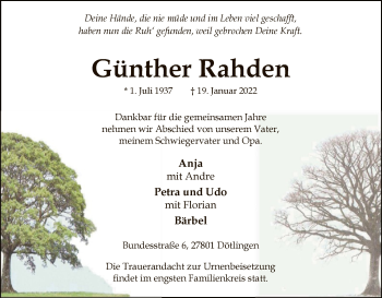 Todesanzeige von Günther Rahden von SYK