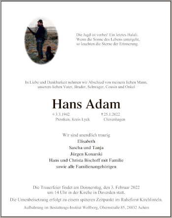 Todesanzeige von Hans Adam von SYK