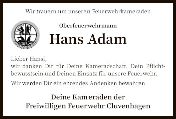 Todesanzeige von Hans Adam von SYK