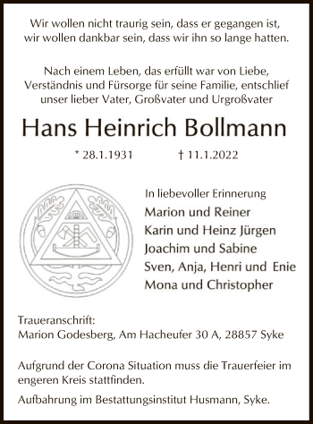 Todesanzeige von Hans Heinrich Bollmann von SYK