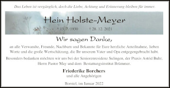 Todesanzeige von Hein Holste-Meyer von SYK