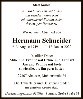 Todesanzeige von Hermann Schneider von SYK