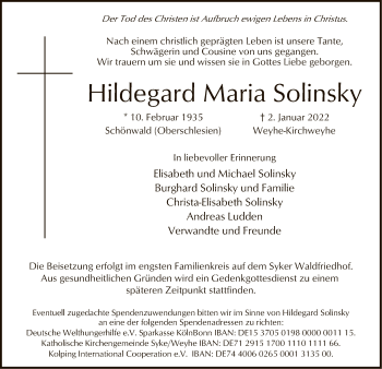 Todesanzeige von Hildegard Maria Solinsky von SYK
