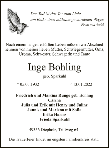 Todesanzeige von Inge Bohling von SYK