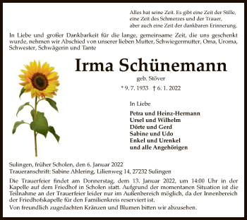 Todesanzeige von Irma Schünemann von SYK