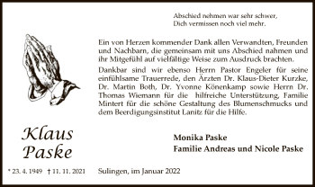 Todesanzeige von Klaus Paske von SYK