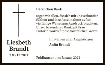 Todesanzeige von Liesbeth Brandt von SYK