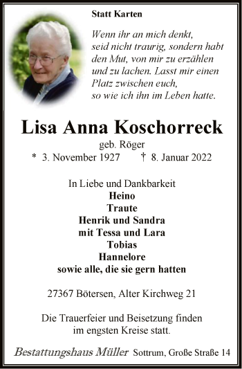 Todesanzeige von Lisa Anna Koschorreck von SYK