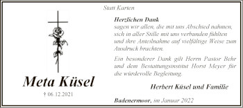 Todesanzeige von Meta Küsel von SYK