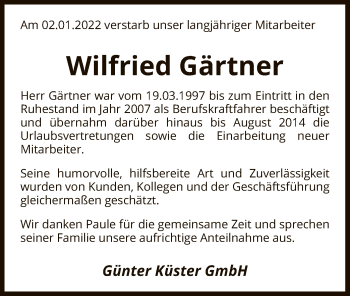 Todesanzeige von Wilfried Gärtner von SYK