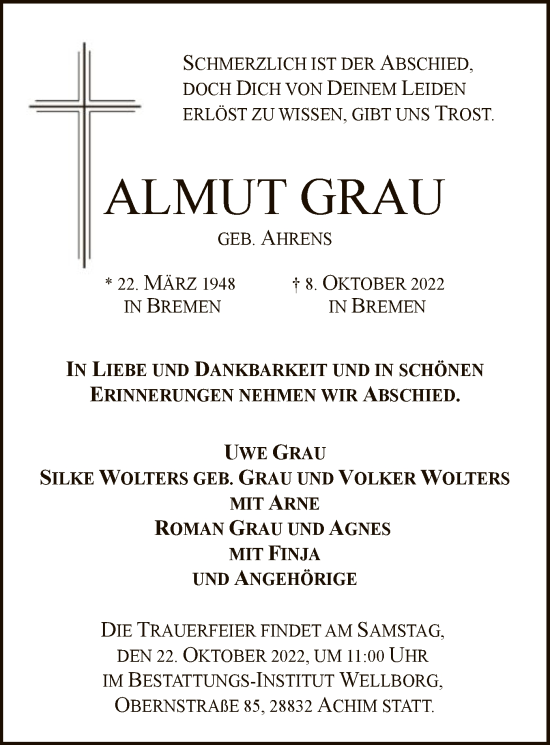 Todesanzeige von Almut Grau von SYK
