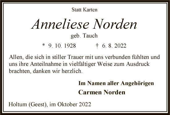 Todesanzeige von Anneliese Norden von SYK