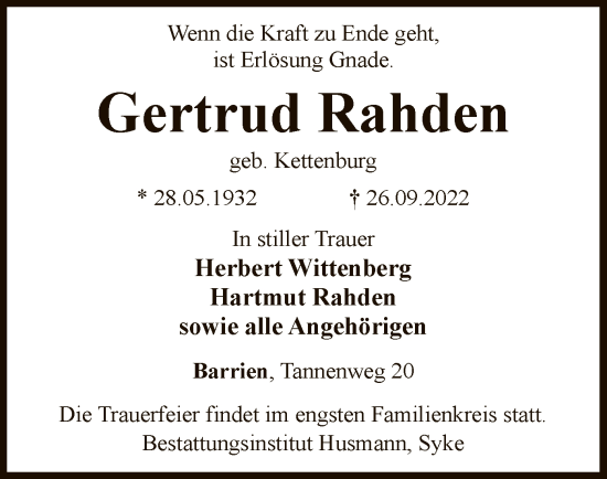 Todesanzeige von Gertrud Rahden von SYK