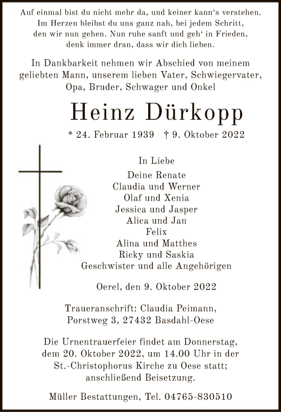 Todesanzeige von Heinz Dürkopp von SYK