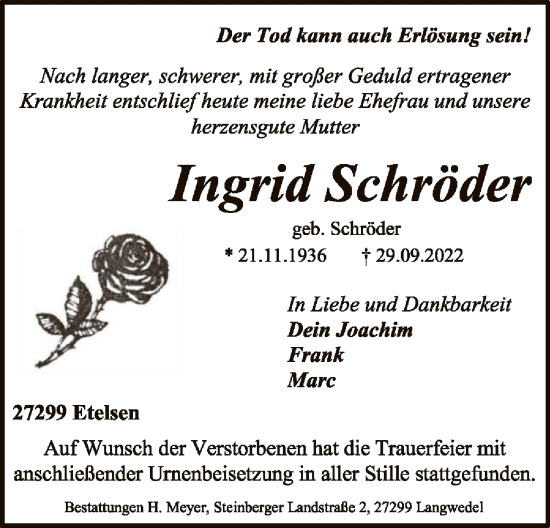 Todesanzeige von Ingrid Schröder von SYK