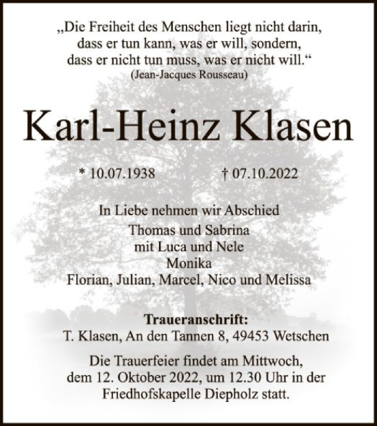 Todesanzeige von Karl-Heinz Klasen von SYK