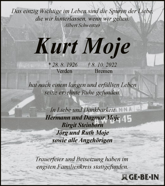 Todesanzeige von Kurt Moje von SYK