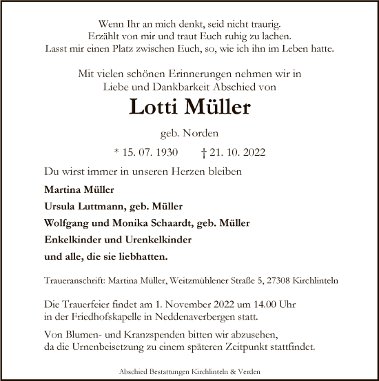 Todesanzeige von Lotti Müller von SYK