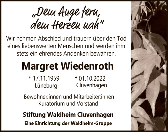 Todesanzeige von Margret Wiedenroth von SYK