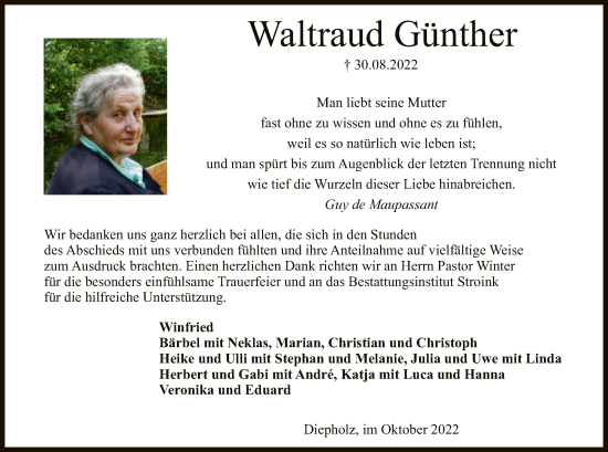 Todesanzeige von Waltraud Günther von SYK