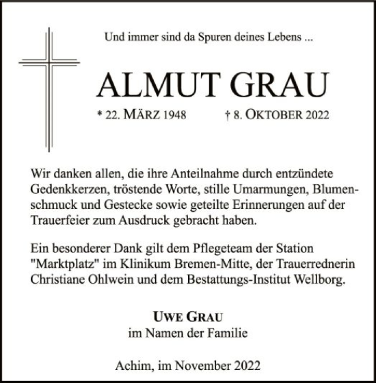 Todesanzeige von Almut Grau von SYK