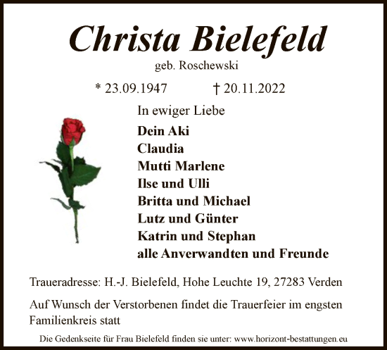 Todesanzeige von Christa Bielefeld von SYK