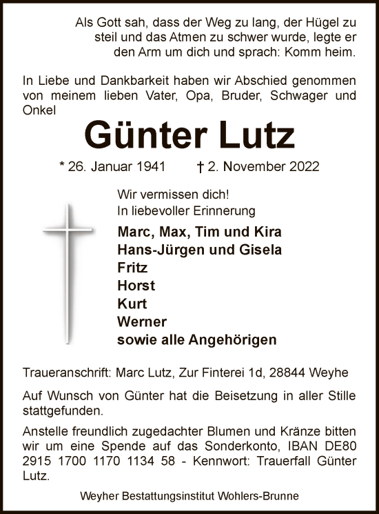 Todesanzeige von Günter Lutz von SYK