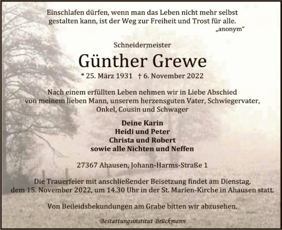 Todesanzeige von Günther Grewe von SYK