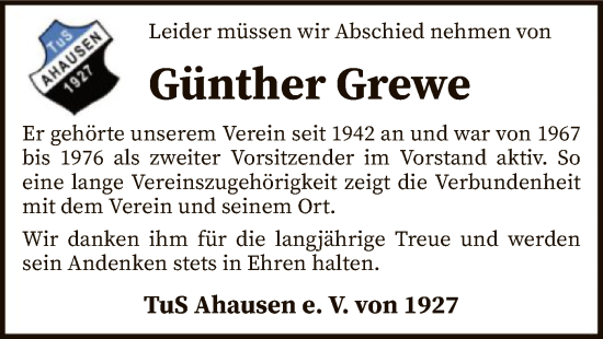 Todesanzeige von Günther Grewe von SYK